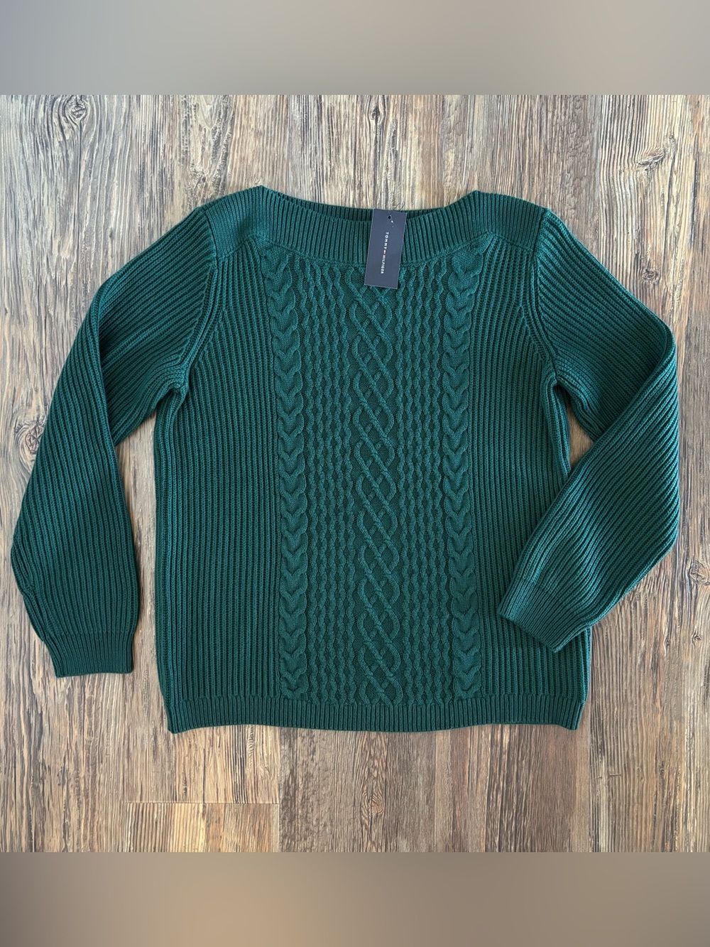 NWT Tommy Hilfiger Boat Neck Fisherman Pullover Knit Sweater Womens Lg Green